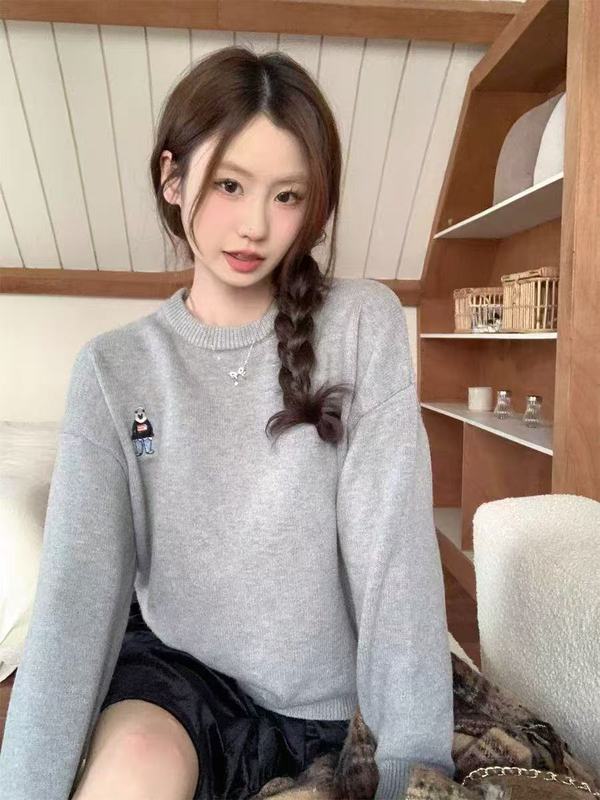 刺绣小熊毛衣女加厚秋冬季外穿跨境新款慵懒风宽松套头针织衫上衣|undefined