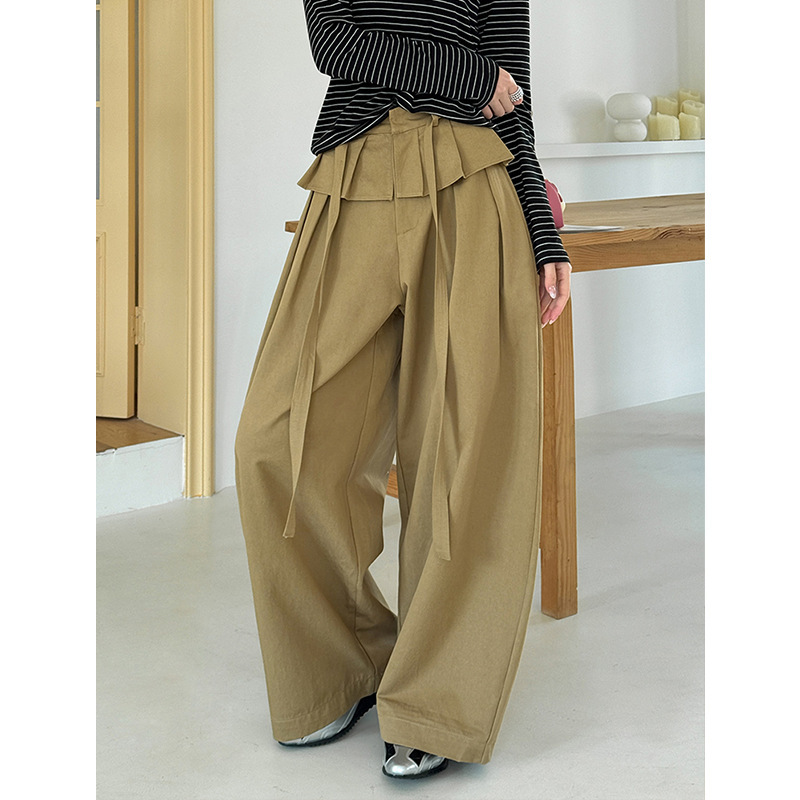 Orange Blossom Spring New Style Faux Two-Piece Lace Patchwork Wide-Leg Pants for Women High-Waisted Casual Skirt-Like Suit Pants 8119-1