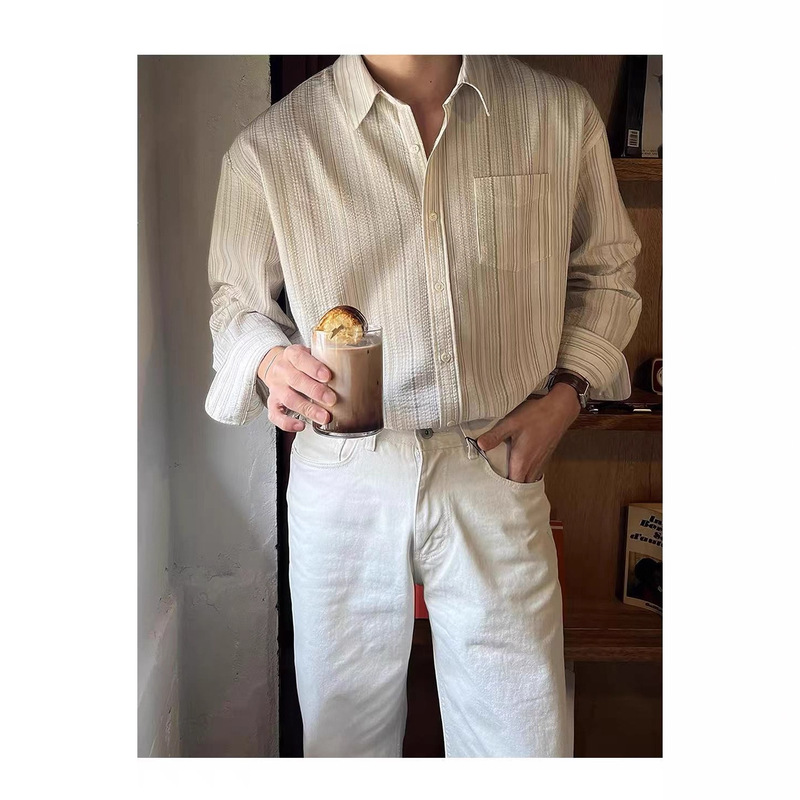Striped Long-Sleeved Shirt for Men Early Autumn Korean Style High-Quality Textured Niche Design Casual No-Iron Draped Shirt
