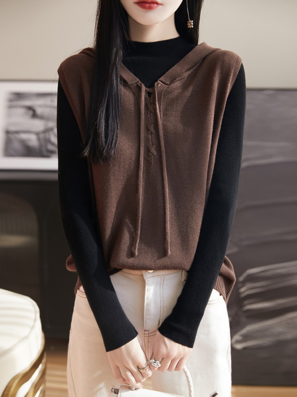 Wool Hooded Vest Women's Loose Top 2025 Spring and Autumn New Wool Sweater Women's Lazy Style Outer Wearcoat