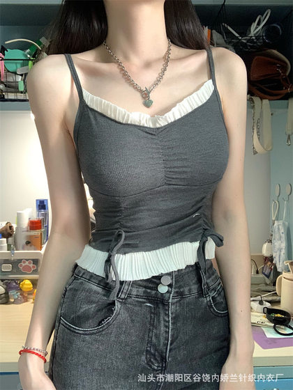 Sweet style fungus side with chest pad drawstring camisole women's summer hot girl inner wear outer wear slim western style top