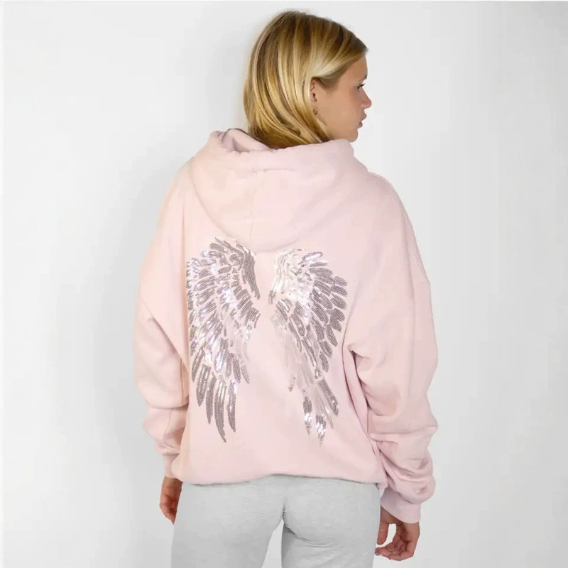 European and American Cross-Border Solid Color Hooded Sweatshirt for Women with Sequins and Rhinestone Wings Embroidery on the Back, Loose Fit Jacket for Women, Foreign Trade
