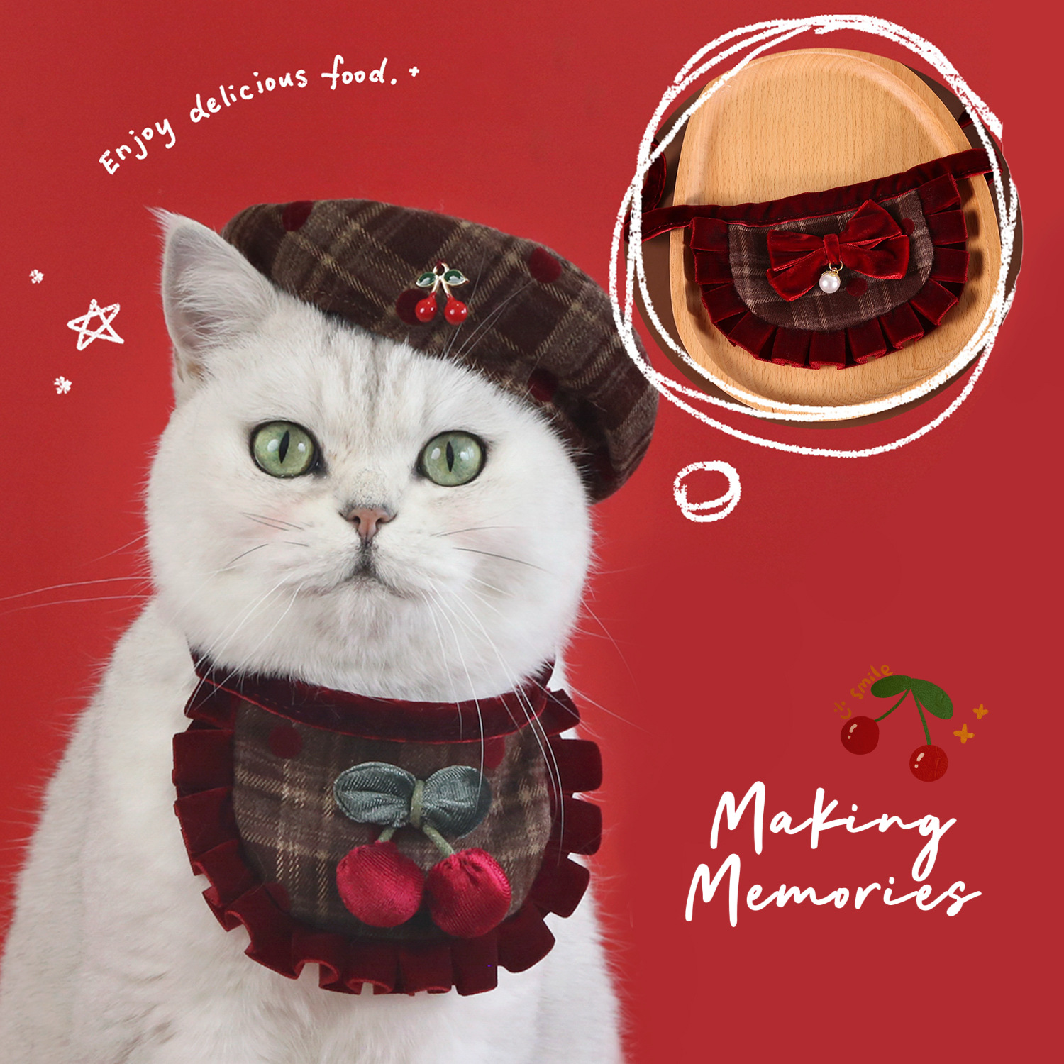 Mascotas de Año Nuevo de terciopelo de encaje bib gatos cachorros plaid flotilla flor arco cereza set sombrero boina