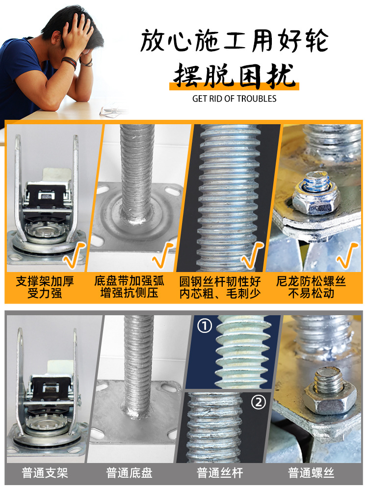 腳手架輪子廠家直銷6寸8寸重型帶加長絲杆剎車萬向腳輪升降調節輪