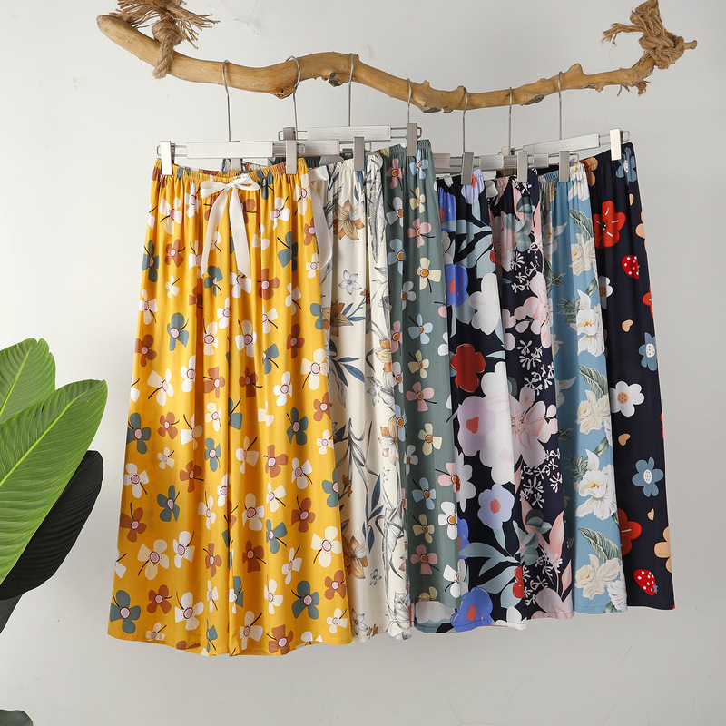 Spring and Summer Thin Floral Sweet Casual Pants for Women, Suitable for Outdoor Wear, Air Conditioning Pants, Loose Home Wear Single-Piece Sleep Pants, Long Pants