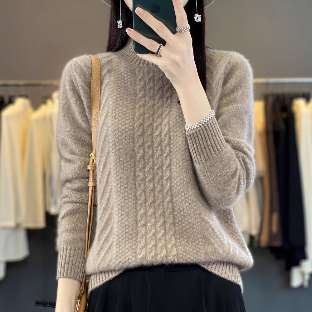 2025新款100%羊毛女秋冬加厚半高领纯色毛衣扭花针织百搭打底衫女