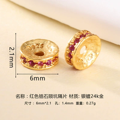 925 Silver Gold-Plated Zircon-Inlaid: Zərgərlik ara hissələri - 6mm-red-zirconia-crater-spacer-beads