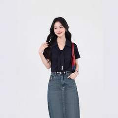 系带V领短袖t恤打底衫女夏季2025大码胖mm显瘦设计感法式短款上衣