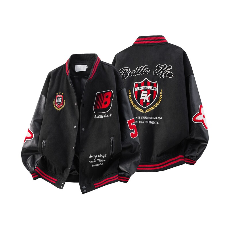 Trendy High Street Badge Embroidered Pu Leather Patchwork Jacket for Men, Women, Teenagers, and Students Versatile Fashion Baseball Jacket