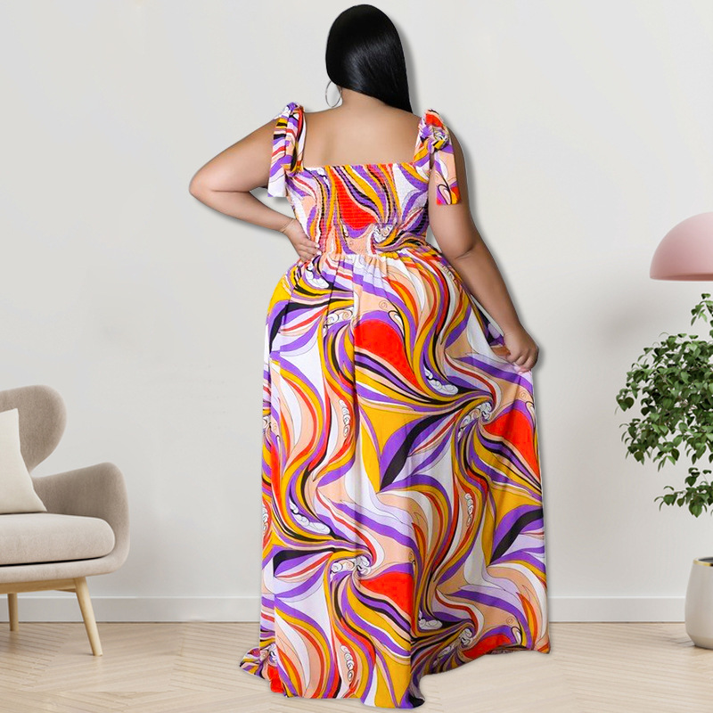 Maxi jurk met spaghettibandjes en smockwerk en strikprint_voghion.com
