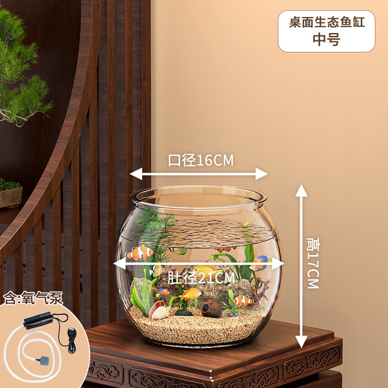 デスクトップ水槽、リビングルーム、小さな生態金魚水槽、オフィスデスク造園、丸型ベタ水槽、高透明カメ水槽|undefined