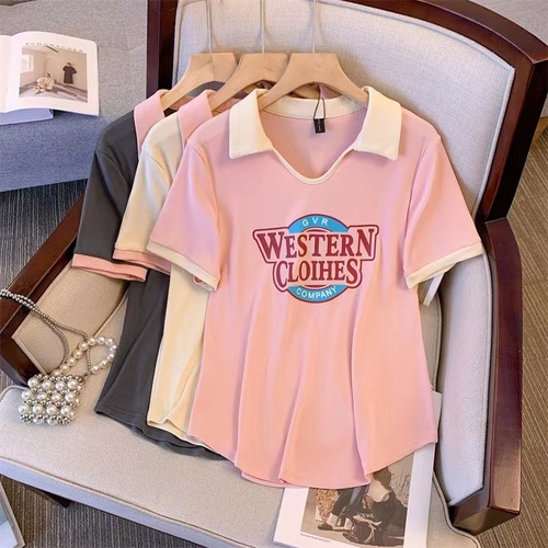 Women's 2025 Summer Polo Collar Regular Shoulder Short Sleeve Letter T-Shirt for Plus Size Loose and Slimming Top Trendy
