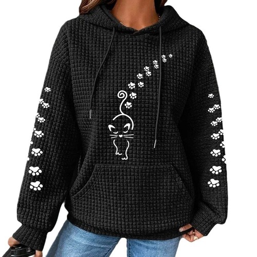 Winter and Spring Women's Checked Hooded Long-Sleeve Cartoon Print Sweatshirt Loose European and American EU Size