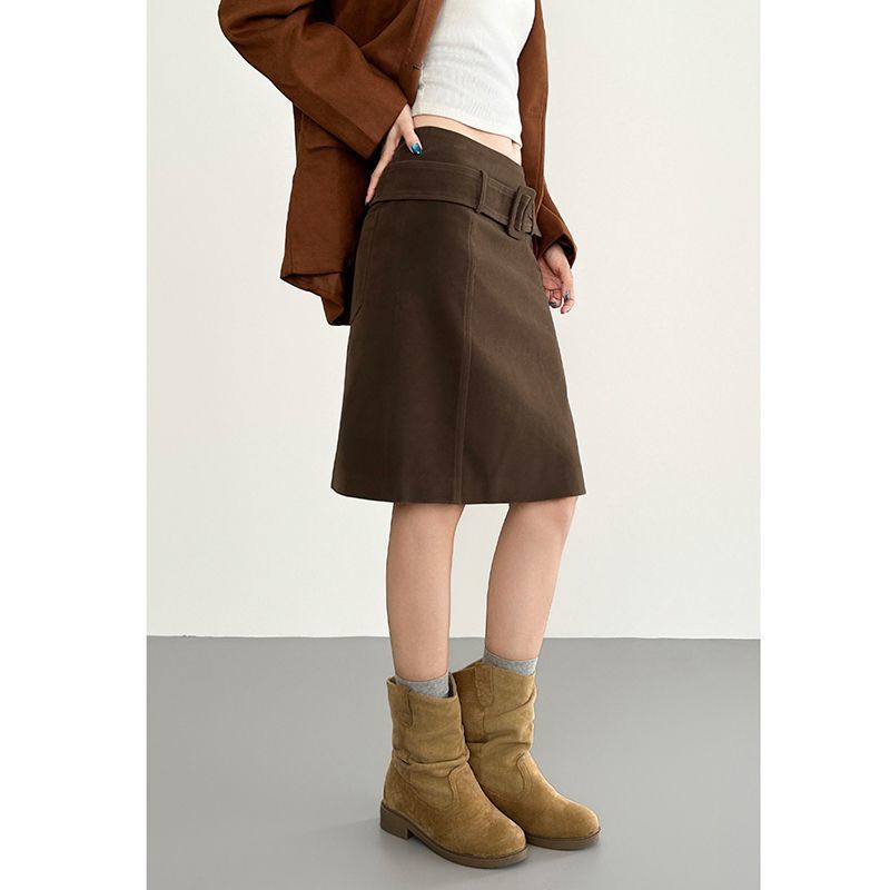 American Retro Suede Loose Skirt for Women Autumn and Winter New Loose Slim Straight Skirt Tea Brown Solid Color