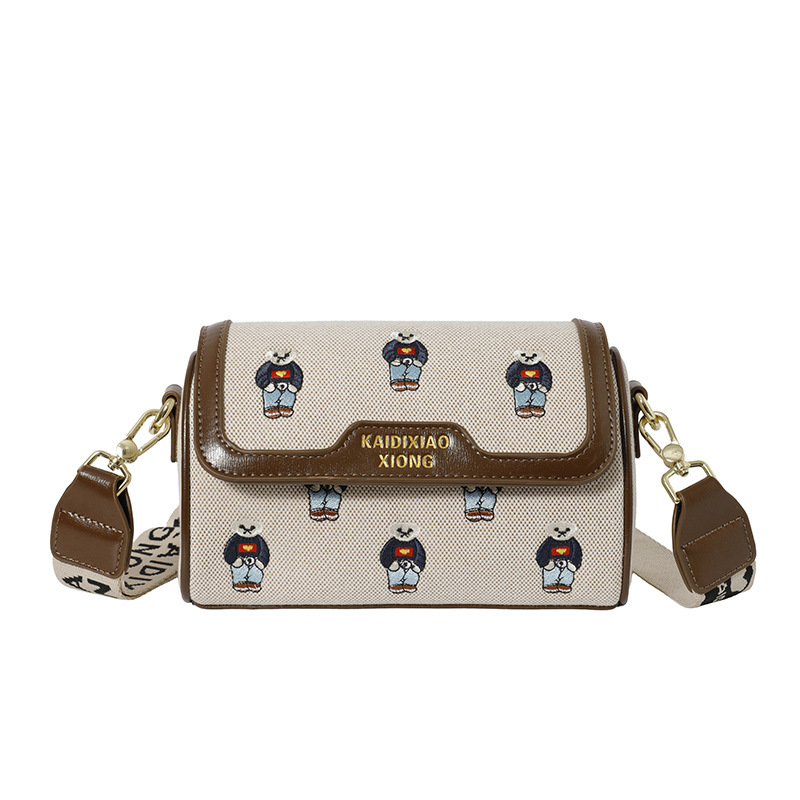 New Cute Bear Embroidered Canvas Crossbody Bag for Women, Versatile and Fashionable Shoulder Bag, Pillow Bag with Contrasting Color Design New Cute Bear Embroidered Canvas Crossbody Bag for Women, Versatile and Fashionable Shoulder Bag, Pillow Bag with Contrasting Color Design