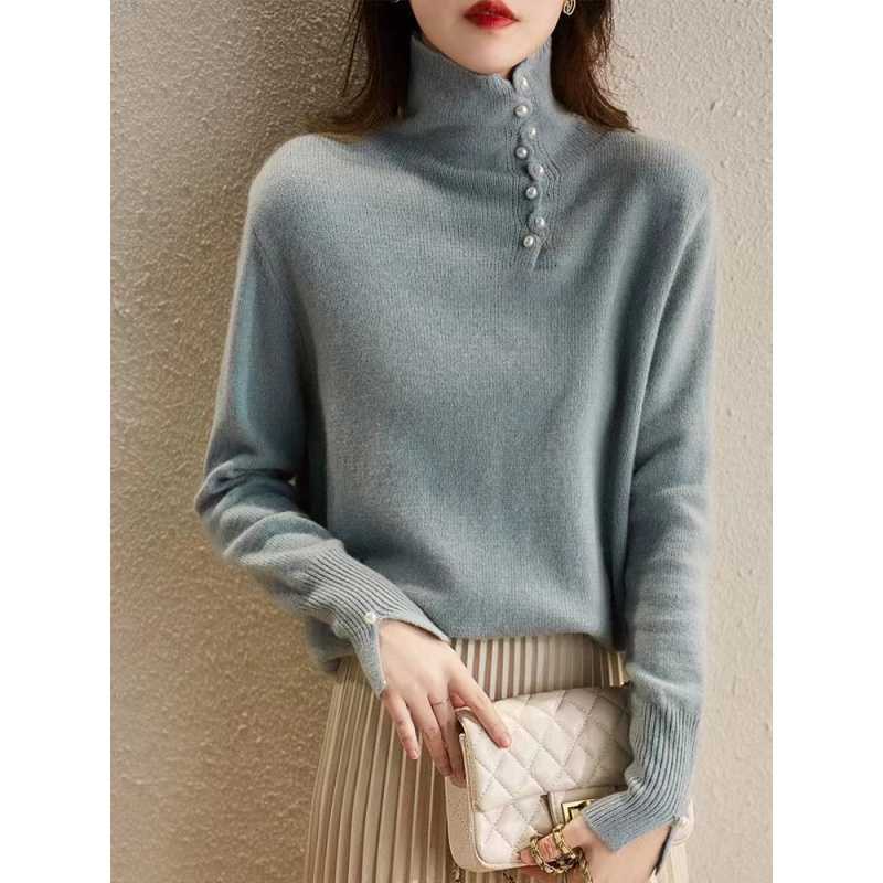 Beauty Online Ingenuity Craft Design Sense Button & Warm High Neck Comfortable Knitted Shirt Women's MLZY84274