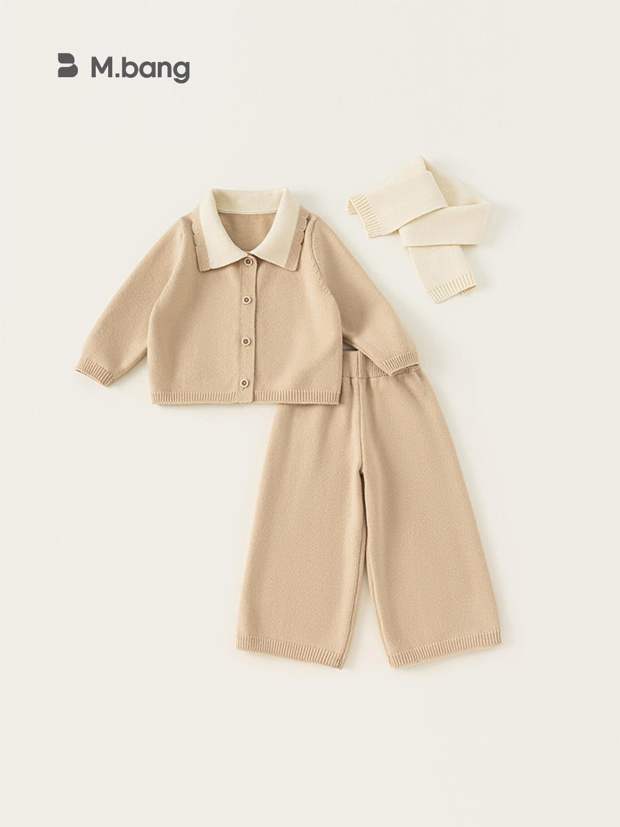 Conjunto de ropa infantil Bangxuan para primavera y otoño, conjunto de tres piezas de punto a rayas para niñas con cuello, suéter para bebé, ropa moderna para niños pequeños.
