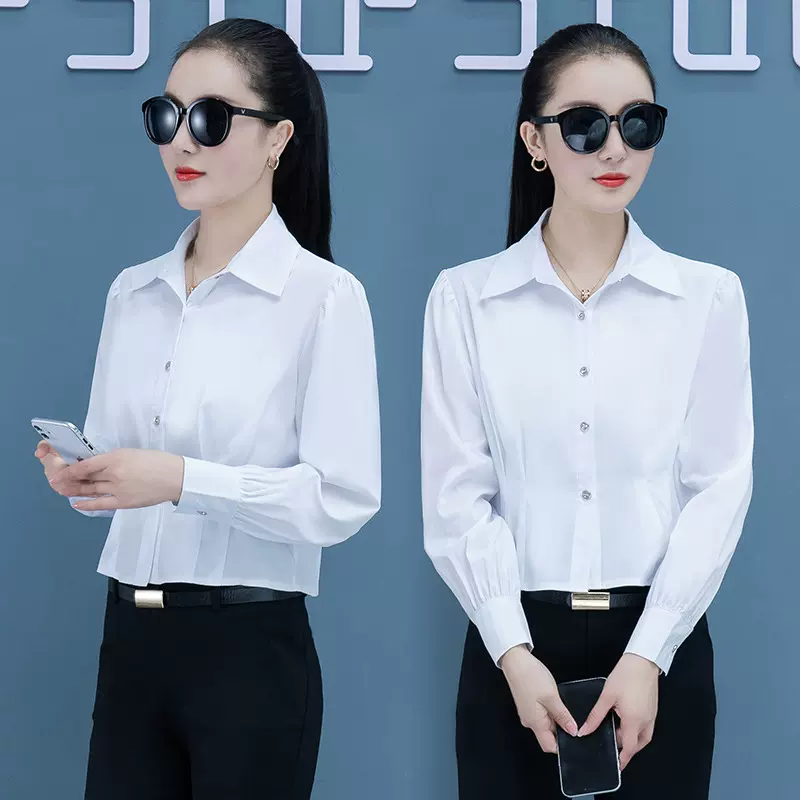 新款春秋上衣女长袖衬衫灯笼袖百搭显瘦气质短款时尚女士衬衣翻领