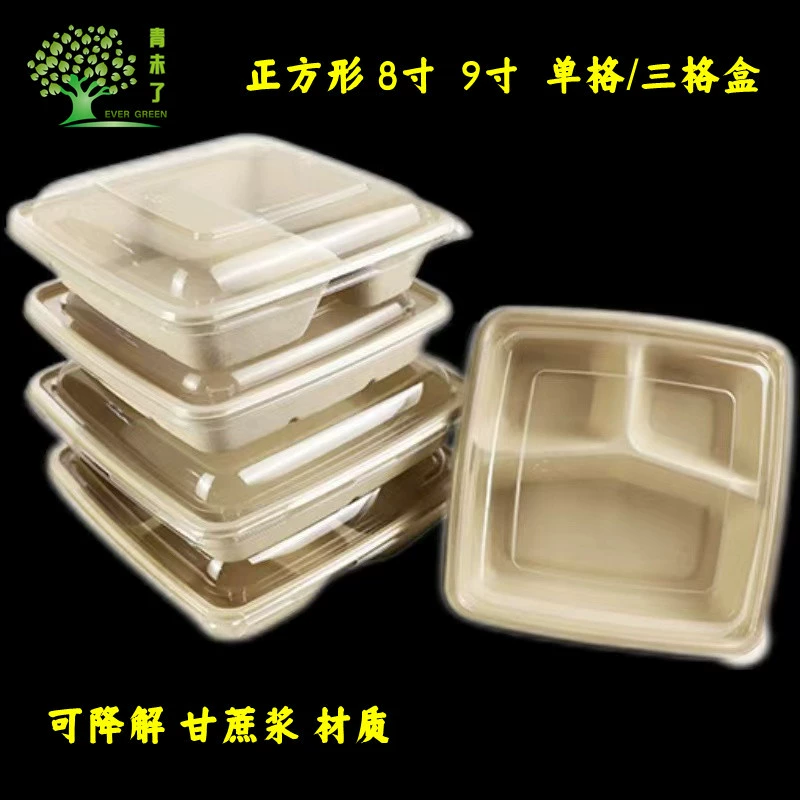 8-дюймовая 1000ML квадратная разлагаемая бамбуковая мякоть на вынос коробка для упаковки сахарного тростника 9-дюймовая трехугольная коробка большой емкости