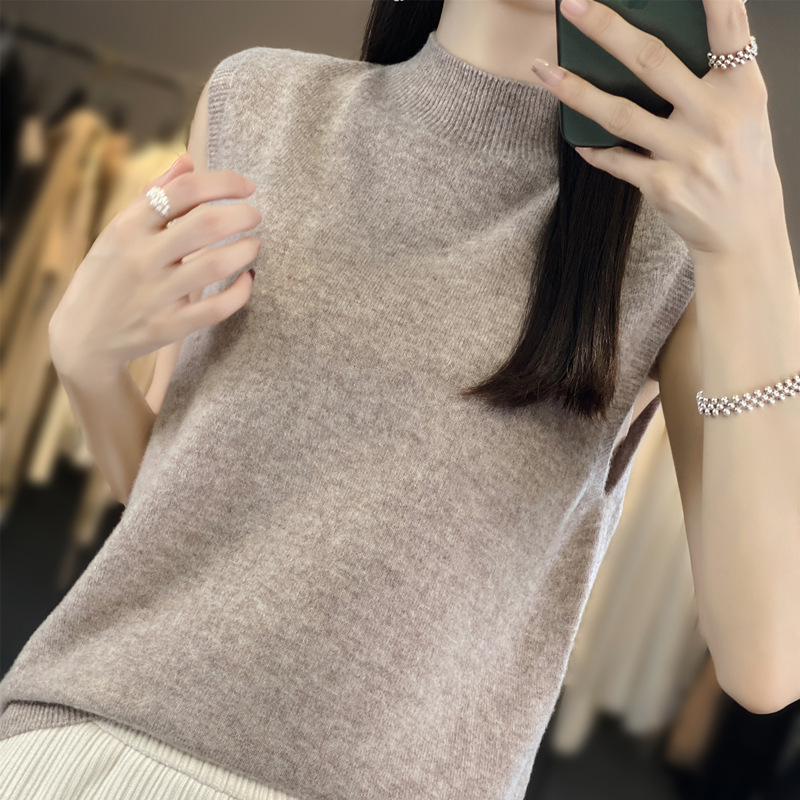 First-line clothing 2024 spring new women's half turtleneck vest loose pullover sleeveless knitted bottoming sweater
