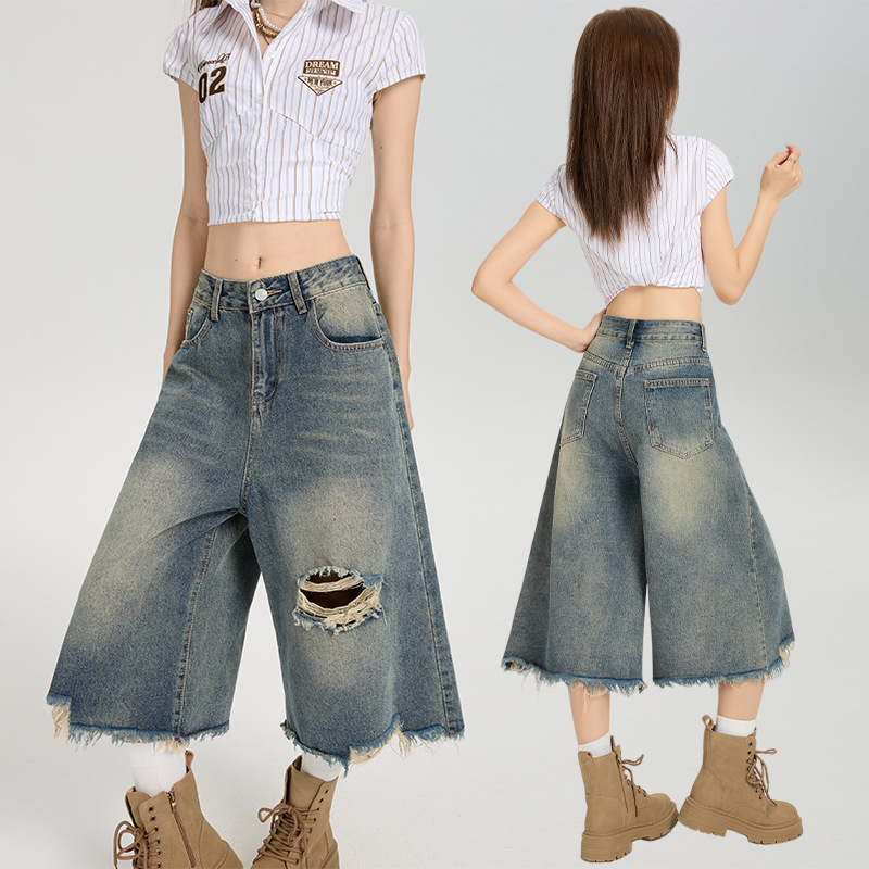 American Street Style High-Waisted Ripped Wide-Leg Jeans for Women Summer Loose Casual Washed Straight Cropped Pants Trendy