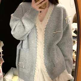 毛衣开衫外套女蝴蝶结2025秋冬季韩系穿搭宽松慵懒风针织衫上衣女