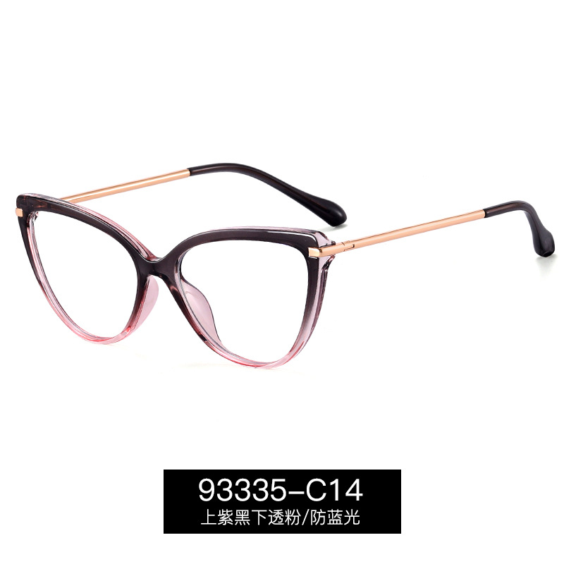 93335 gafas de marco de ojo de gato retro europeo y americano TR90 primavera pierna de metal anti-Luz Azul miopía gafas