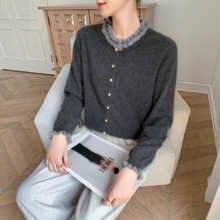 木耳新款秋冬开衫毛衣女衫法式外套花边领山羊绒针织衫珍珠纽扣