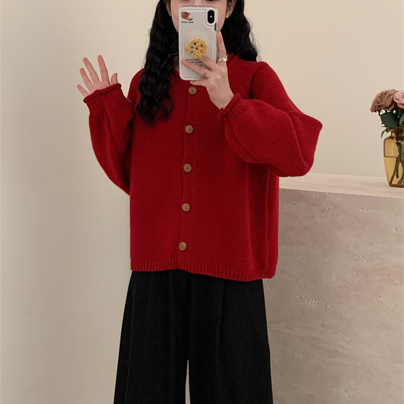 Nuevo estilo coreano de otoño y invierno simple estilo de viento sólido color completo retro cardigan de punto suéter de viento relajado abrigo abrigo image 4