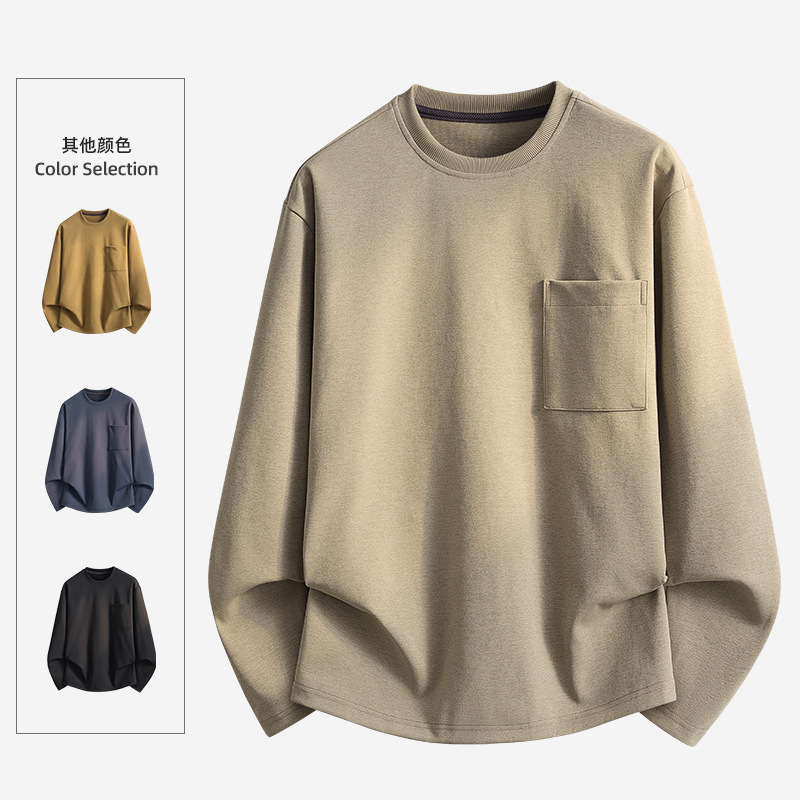 Men's Round Neck Sweatshirt, Solid Color, Patch Pocket, Loose Long Sleeve Top, Spring and Autumn Casual Base Shirt, Men's T-Shirt, Customizable Logo