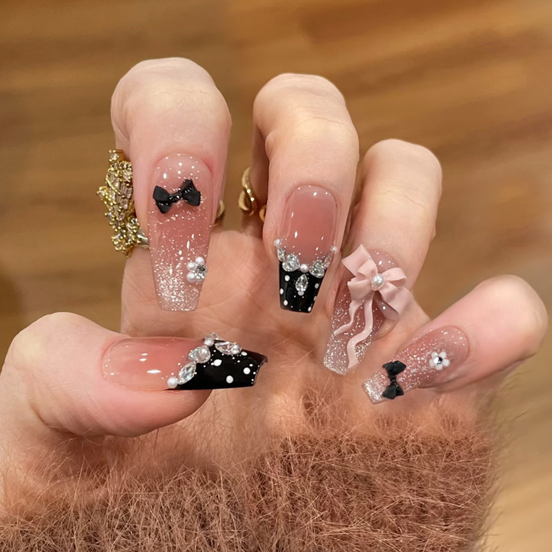 Fm-535 Fake Nails French Style Autumn and Winter Small Diamond Cat Eye Handmade Sealing Patch Removable Blush Light Luxury Bow