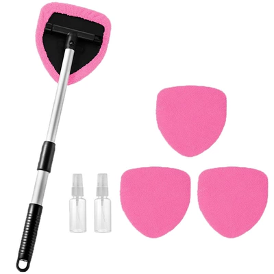 Car cleaning tools, Brush Microfiber Car Wash Glass - pentagonal-telescopic-pole-4-pink-cloth-covers-2-spray-bottles