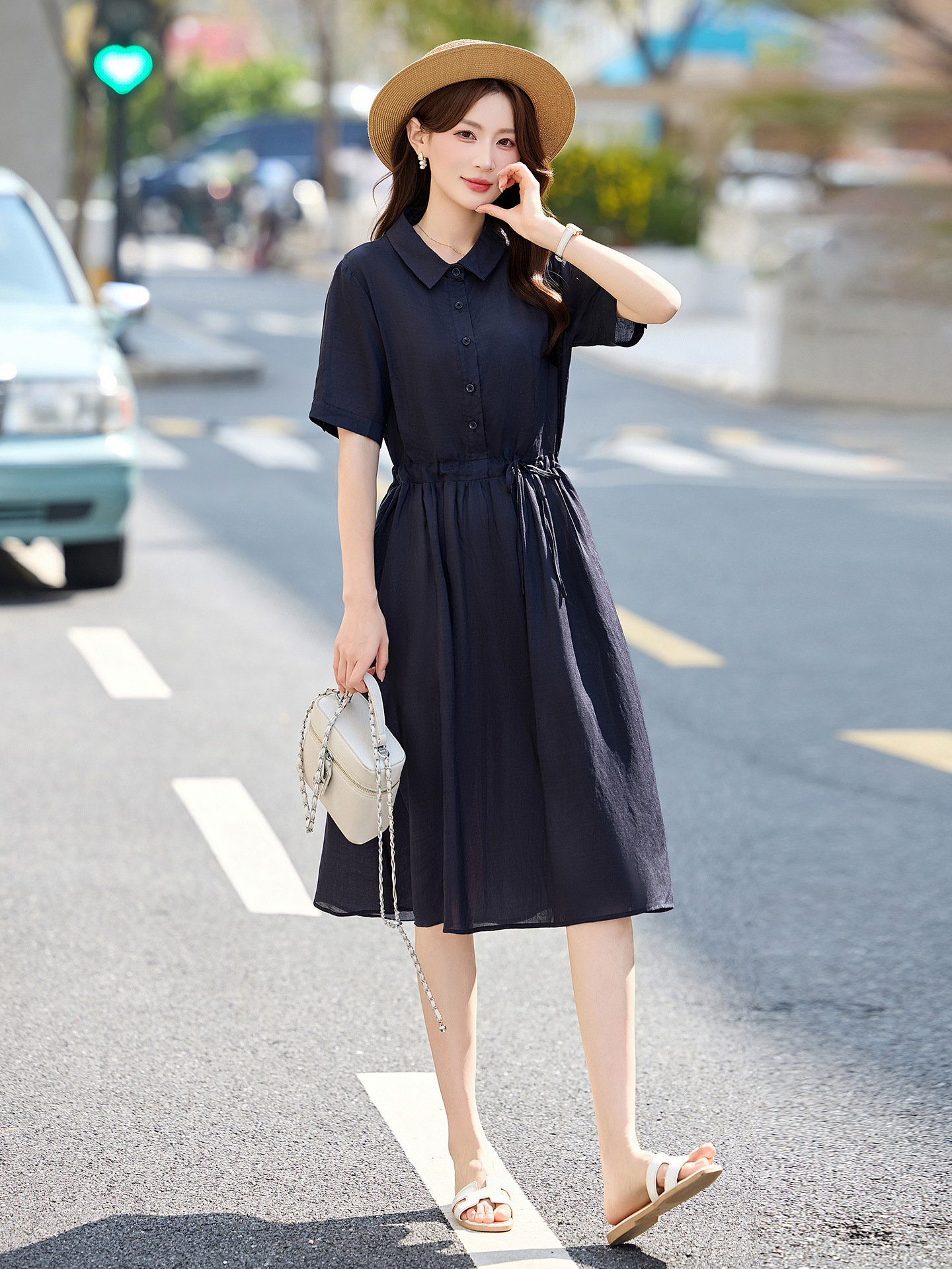 Đầm suông nữ midi dây rút eo cổ điển tay ngắn — Xanh lông mòng đen, màu đỏ