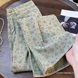 美式早秋碎花复古直筒牛仔裤女新款设计感高腰宽松休闲阔腿裤子潮