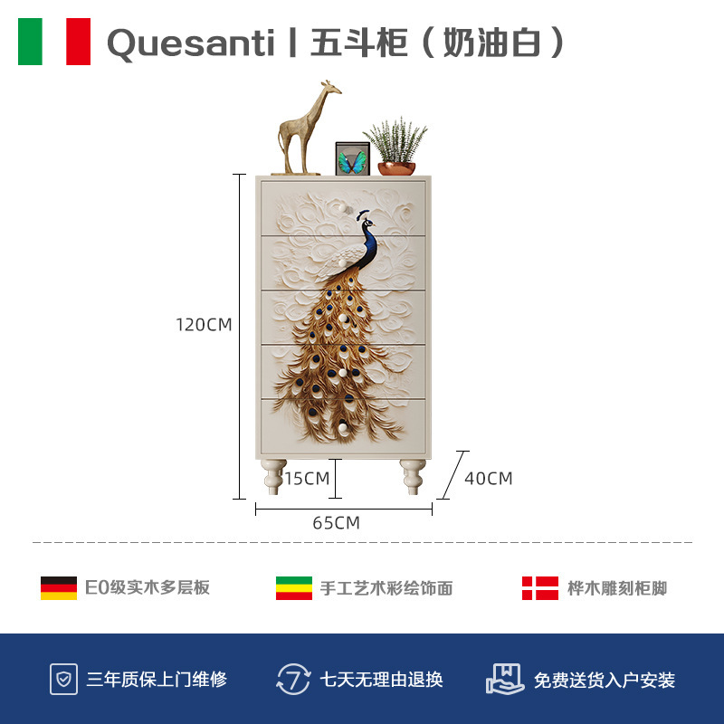 アメリカ式の軽い豪華な風の五斗のタンスの家庭用寝室の木のロッカーの現代の簡単な芸術の孔雀の彩色の絵の引き出しのタンス|undefined