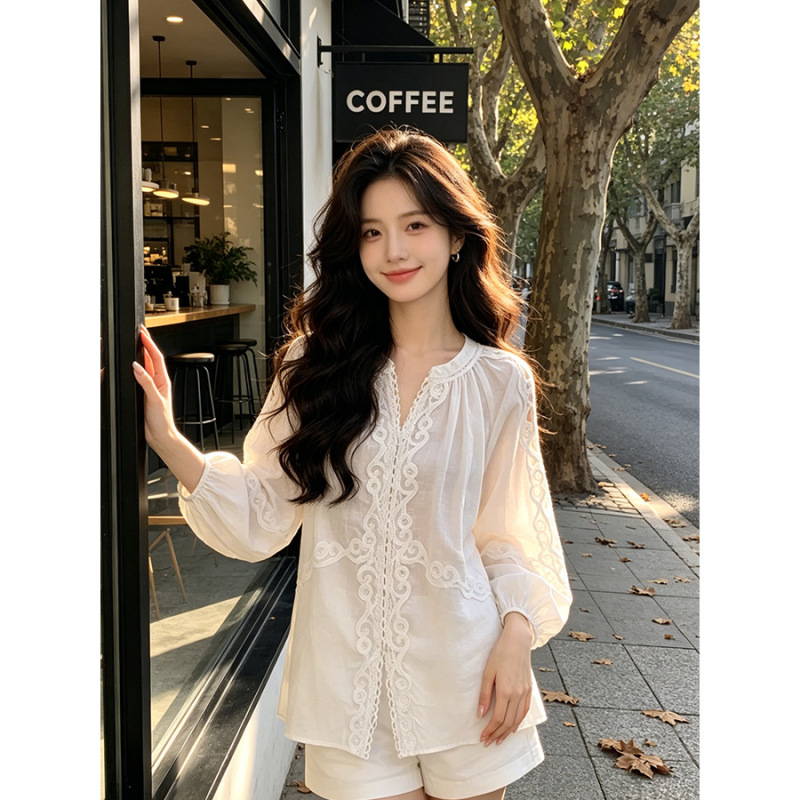 In Stock for Summer: Super Stylish Hollow-Out Lace Long-Sleeve Shirt Top and High-Waisted A-Line Casual Shorts Set In Stock for Summer: Super Stylish Hollow-Out Lace Long-Sleeve Shirt Top and High-Waisted A-Line Casual Shorts Set