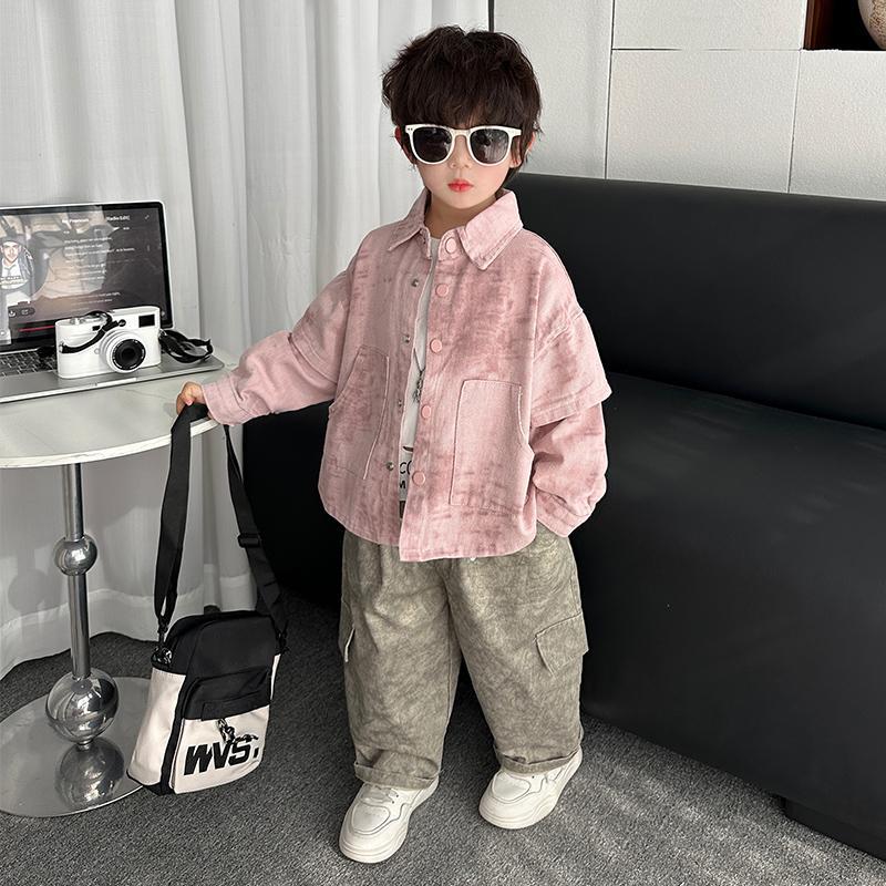 7060 traje de primavera y otoño para niños 2025 nuevo estilo teñido anudado para niños abrigo guapo traje de tres piezas versión coreana de moda para bebés