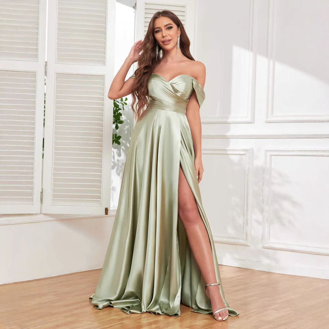 One-Shoulder Evening Gown for Ladies, Cross-Border Slim-Fit Women's Spring-Summer New Style, Elegant and Fashionable Silky Satin Dress