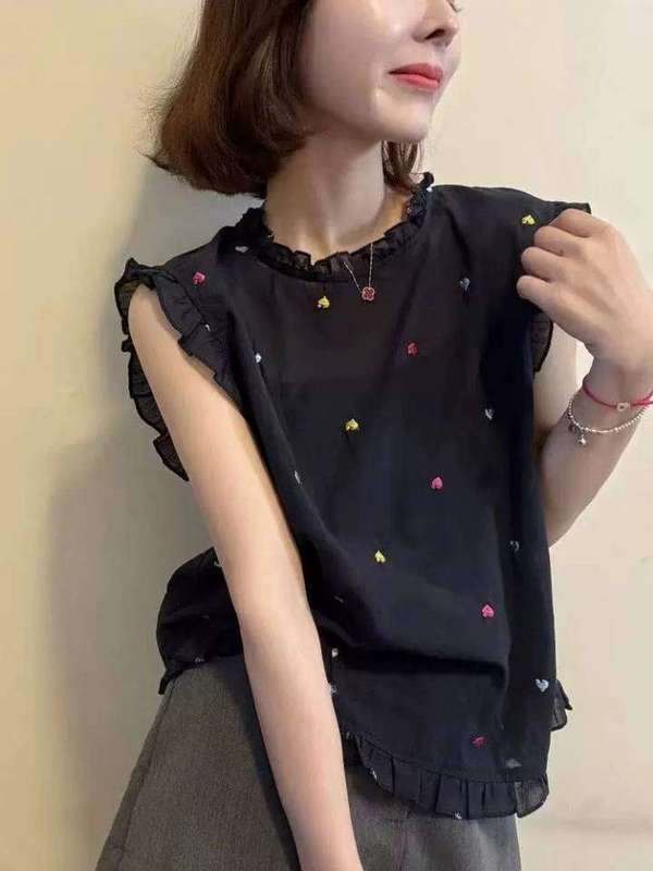 韩系木耳边彩色爱心印花后背系扣无袖衬衫2025夏季新款女洋气上衣|undefined