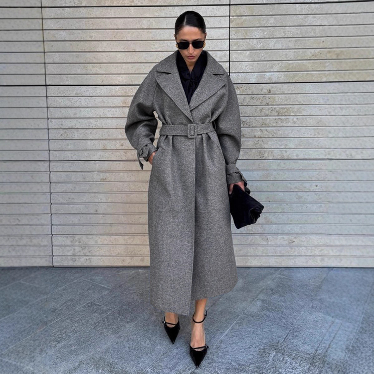 Cross-Border Extended Woolen Coat for Women European and American 2025 Autumn and Winter New Style Lace-Up Loose Coat Woolen Coat for Women