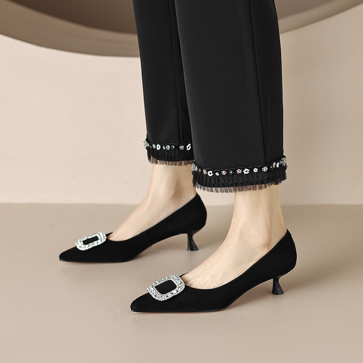 Inside and Outside Full Leather Stiletto Pointed Toe Rhinestone Square Buckle Shallow Mouth Shoes Sheep Turning Leather Fashionable Elegant High Heels Trendy Mid Heels Inside and Outside Full Leather Stiletto Pointed Toe Rhinestone Square Buckle Shallow Mouth Shoes Sheep Turning Leather Fashionable Elegant High Heels Trendy Mid Heels