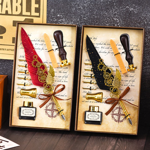 Window-Opening Mechanical Feather Pen Fountain Pen Gift Box Dip Pen Wax Seal Wings High-Value Graduates