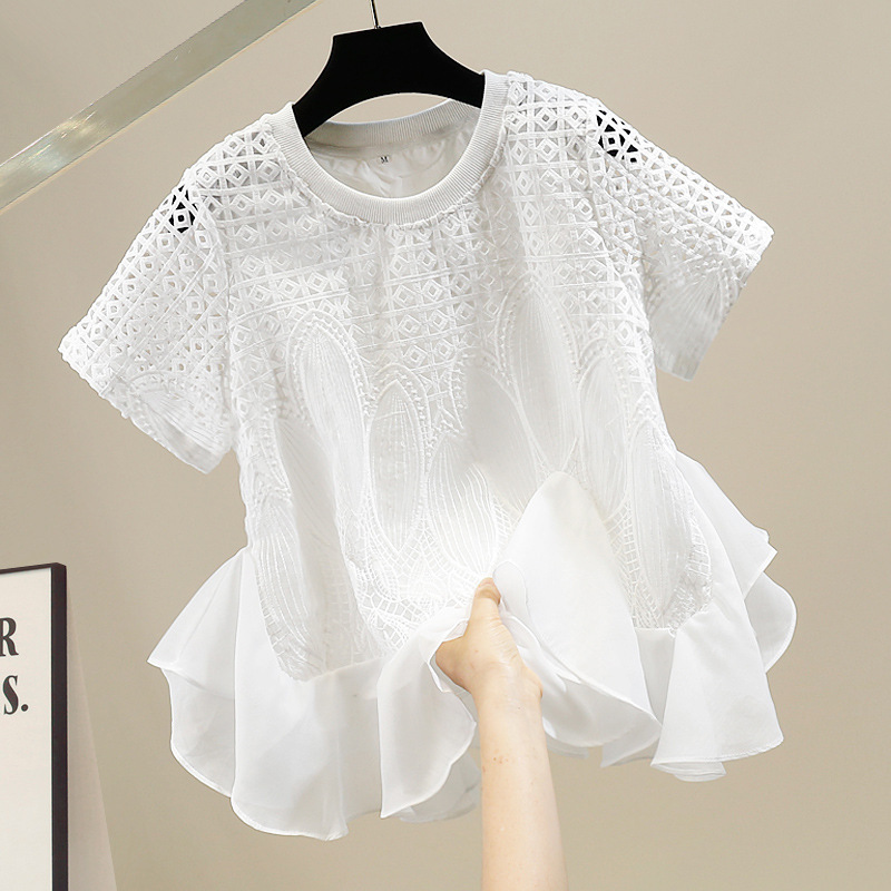 Fashionable Crocheted Cut Out Water-Soluble Lace Splicing Chiffon Ruffled Hem Loose Belly-Covering Short-Sleeved Age-Reducing Top Trendy