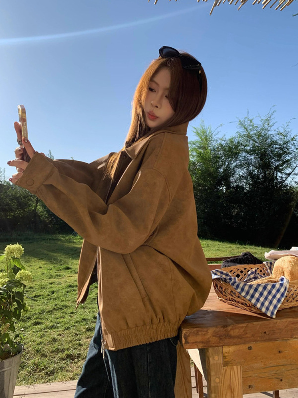 2025新款秋冬高级感小个子宽松休闲夹克上衣复古仿麂皮绒外套女秋|undefined