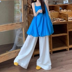 韓国の新しいファッションスーツブループリーツキャミソールレディースサマードレープカジュアルパンツワイドレッグパンツ2点セット