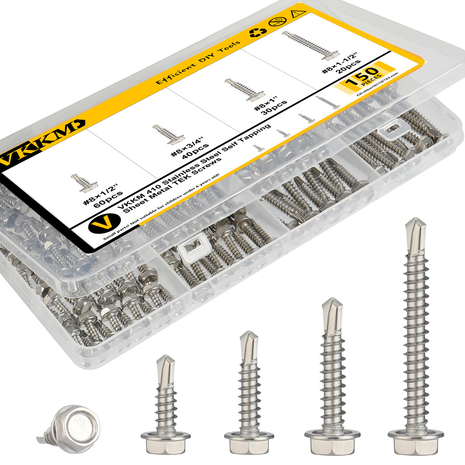 跨境盒装螺丝150Pcs #8#10外六角带垫钻尾螺丝皇冠钻杆螺丝