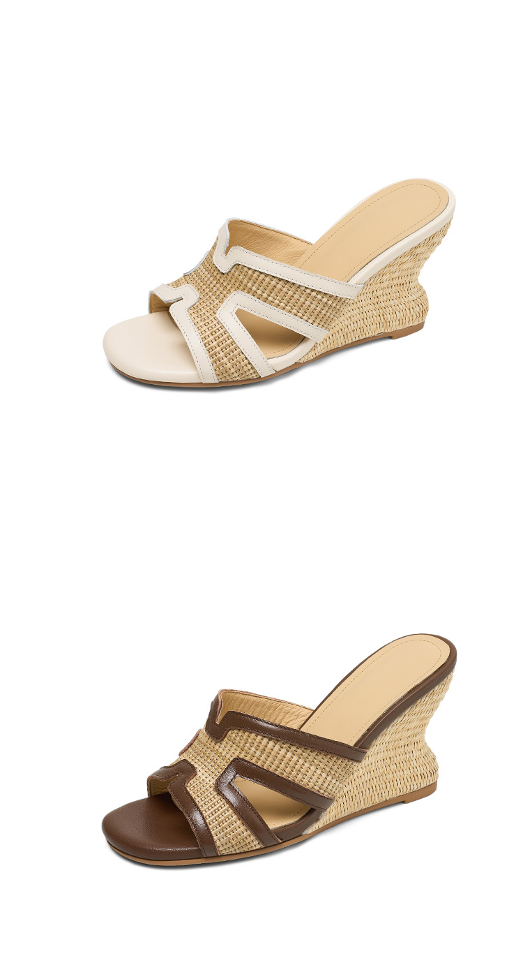 Sandal cao gót nữ mũi vuông hở ngón đế xuồng đan rơm phong cách nghỉ dưỡng — màu nâu, màu trắng ngà chi tiết 17