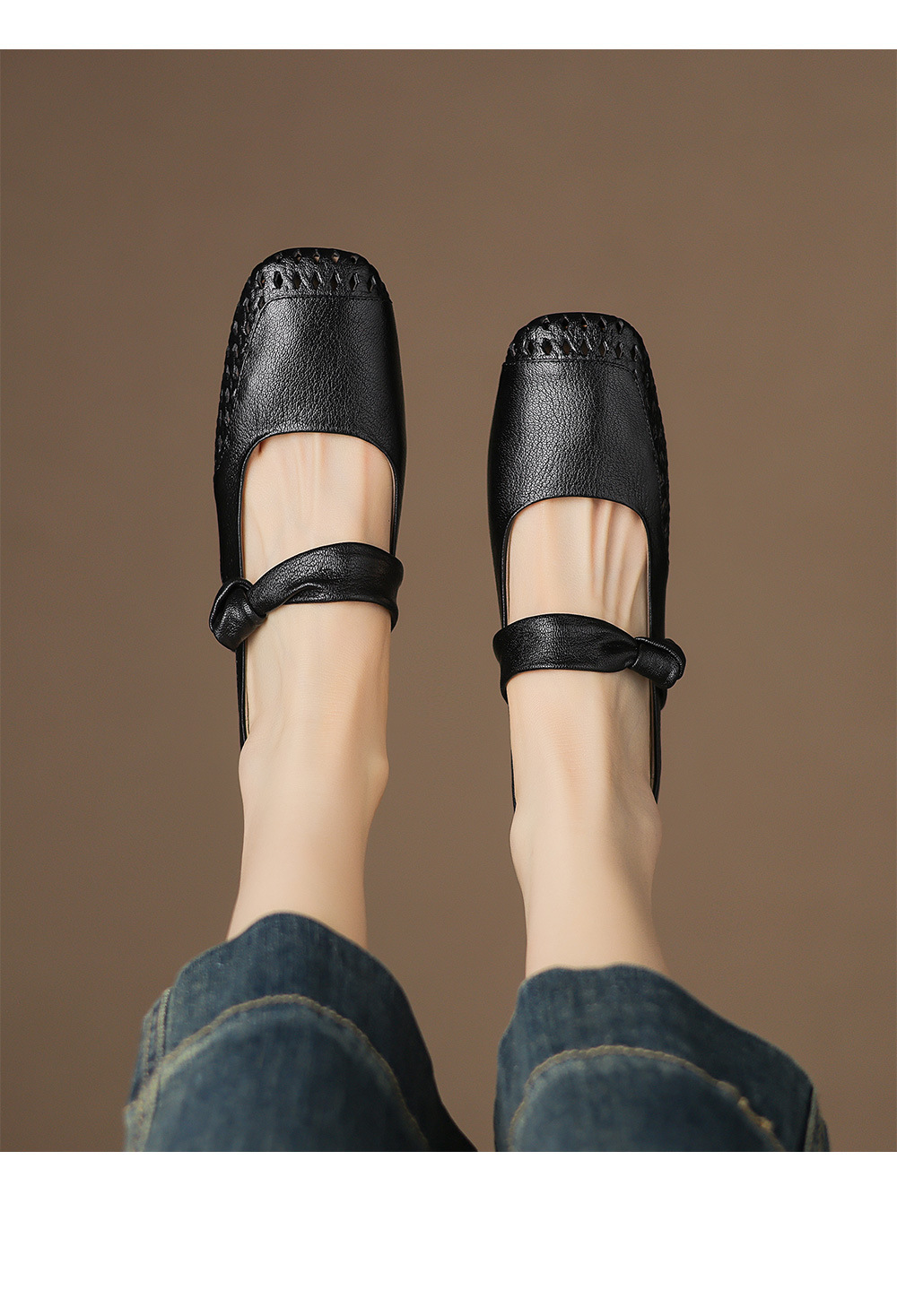 Sandal nữ mũi nhọn da dê đục lỗ gót thấp 2 cm, miệng nông hở mũi — đen chi tiết 13