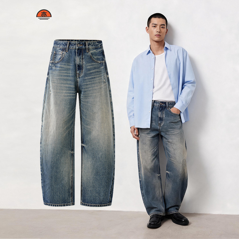 Vintage Washed Curved Cut Jeans for Men, New Style, Three-Dimensional Cut to Make Legs Look Longer, High Street Nostalgic Subculture Pants