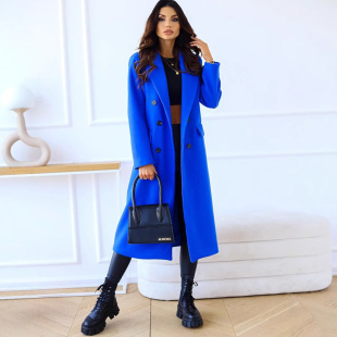 Cross-Border Foreign Trade Independent Site Amazon 2024 Autumn and Winter Simple Double-Breasted Long-Sleeved Lapel Button Woolen Coat for Women